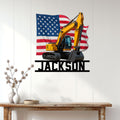 Patriotic excavator wall sign displayed on a light wood-paneled wall in a modern home