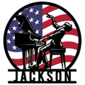 Custom piano metal sign featuring a pianist playing grand piano against an American flag