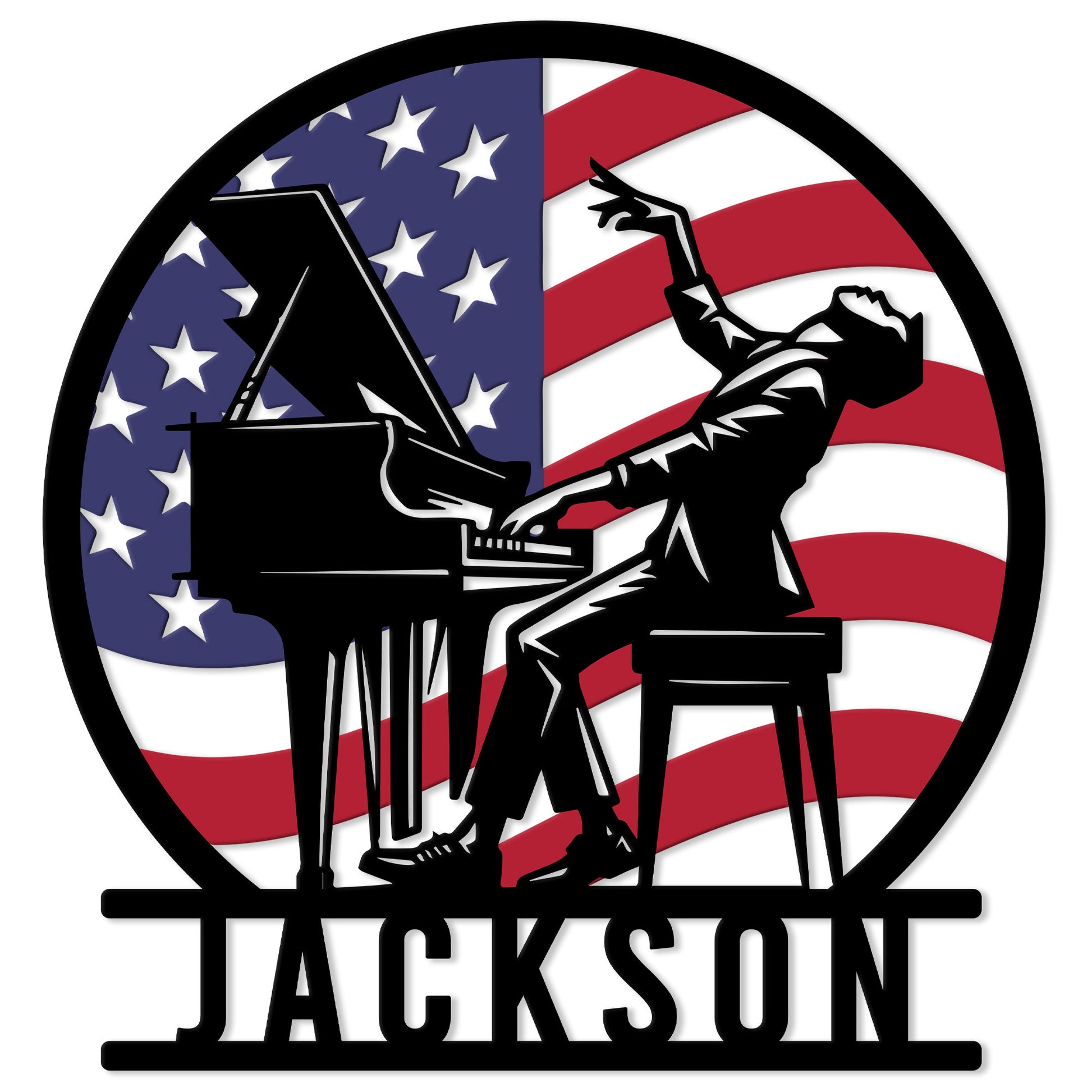 Custom piano metal sign featuring a pianist playing grand piano against an American flag
