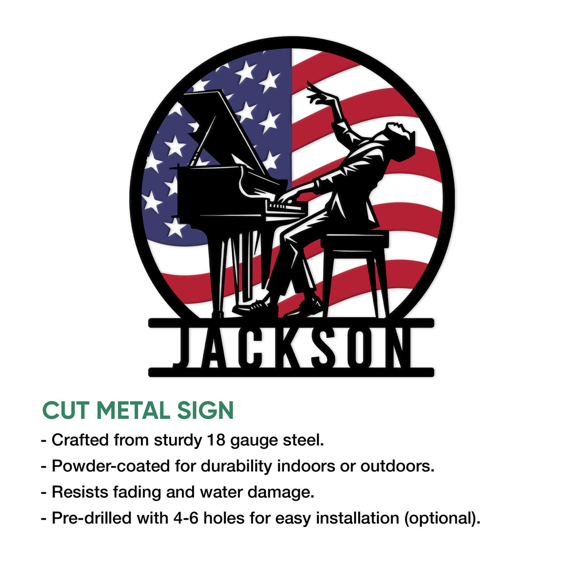 Piano metal sign product graphic showing a patriotic pianist design and available sign sizes