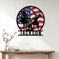 Patriotic pianist metal sign displayed on a white paneled wall above a wood console