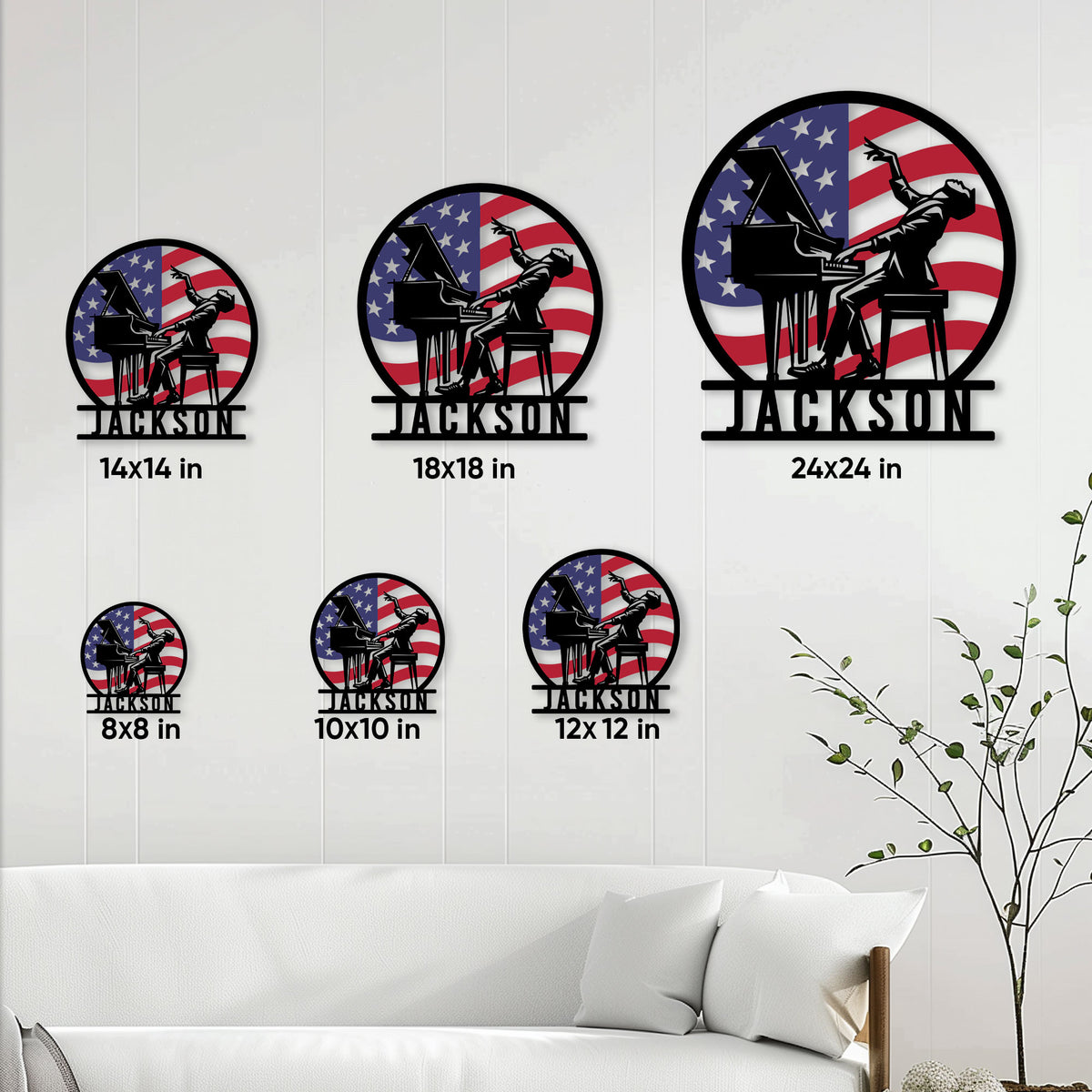 Piano wall sign size guide displaying six square size options from 8 by 8 to 24 by 24 inches