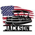 Patriotic pontoon boat metal sign featuring an American flag backdrop and bold custom design