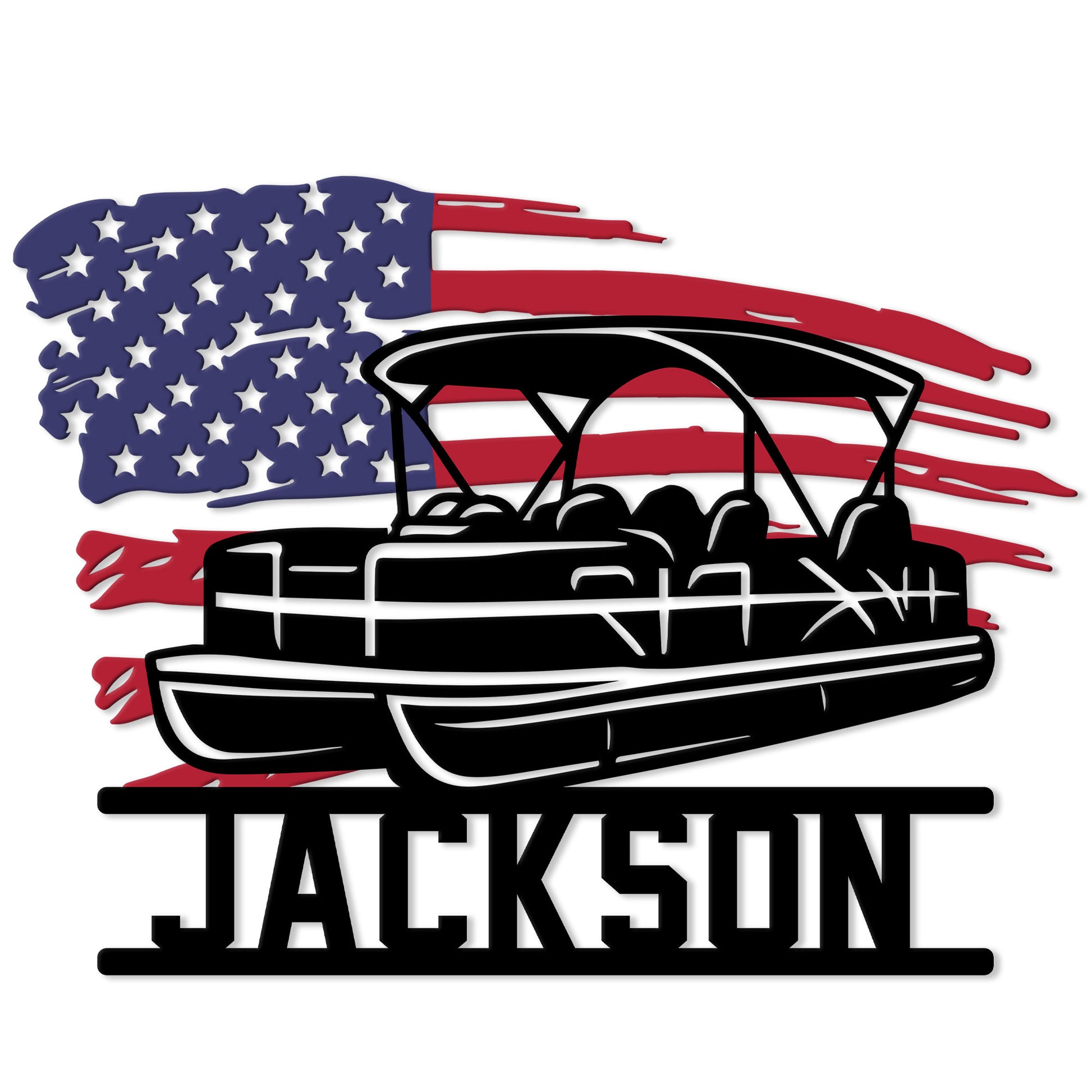 Patriotic pontoon boat metal sign featuring an American flag backdrop and bold custom design