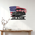 Patriotic pontoon boat wall sign displayed on a light paneled wall above a console table