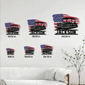 Pontoon boat metal sign size guide showing multiple available dimensions in a living room setting