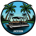 Tropical pontoon boat metal sign with palm trees, blue water, and a bold circular design