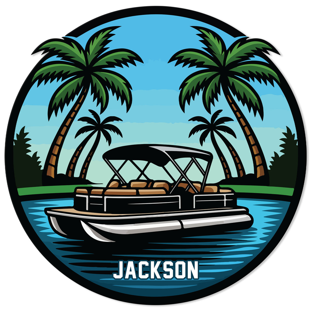 Tropical pontoon boat metal sign with palm trees, blue water, and a bold circular design