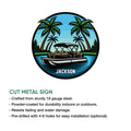 Pontoon boat cut metal sign shown above a feature guide describing available product details