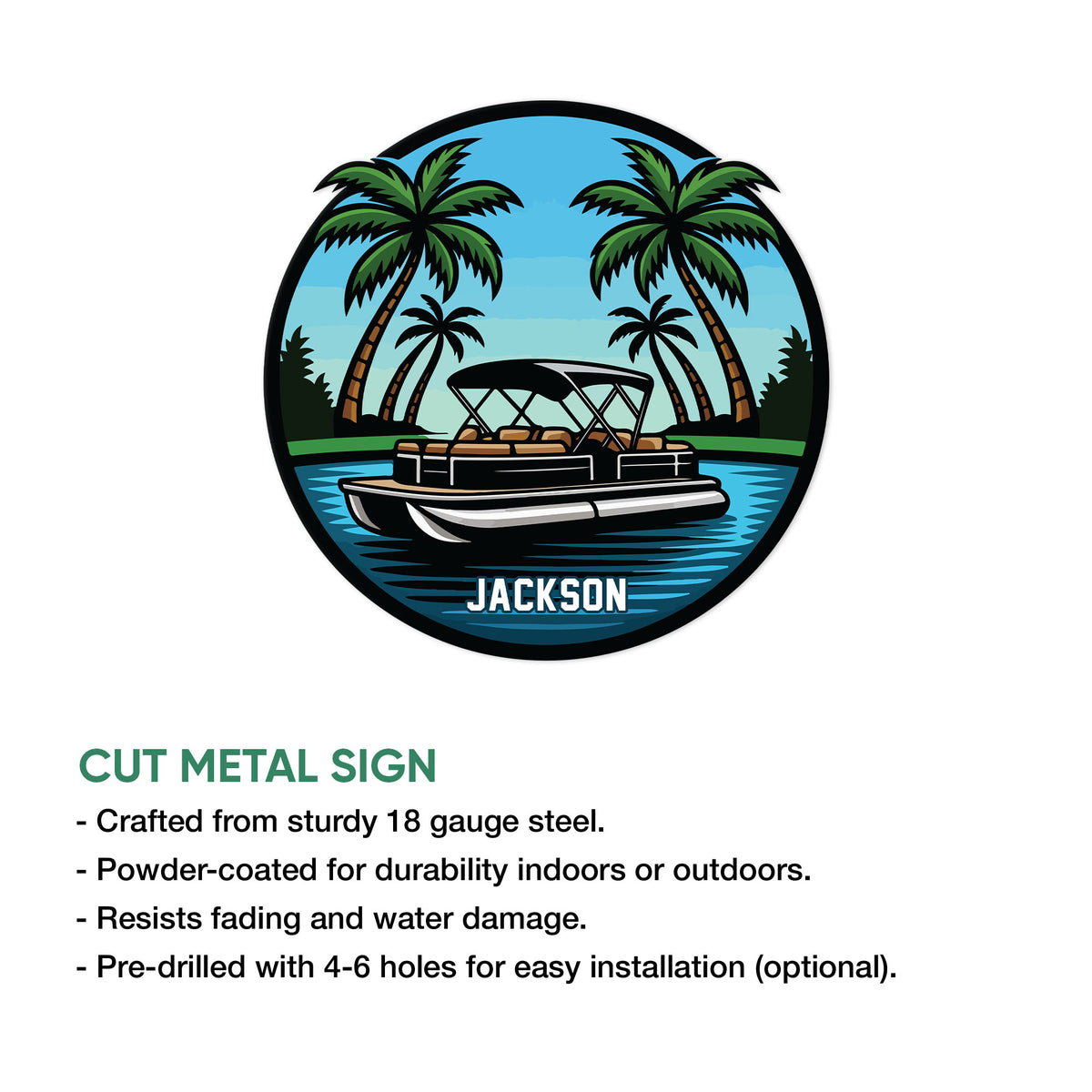 Pontoon boat cut metal sign shown above a feature guide describing available product details
