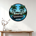Tropical pontoon boat wall sign displayed in a bright lake house entryway