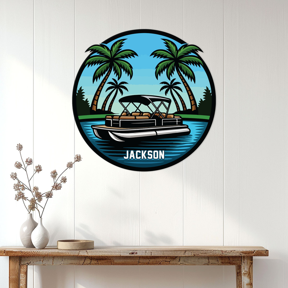 Tropical pontoon boat wall sign displayed in a bright lake house entryway