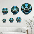 Pontoon boat metal sign size guide showing multiple circular size options on a wall
