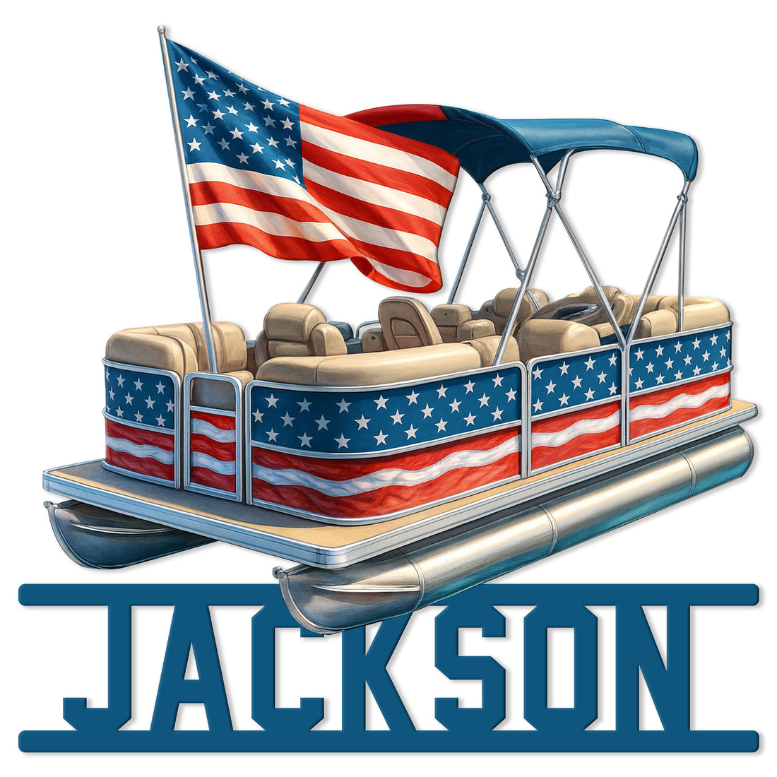 Patriotic pontoon metal sign featuring an American flag-themed boat design and bold decorative lettering