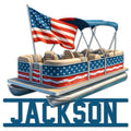 Patriotic pontoon metal sign featuring an American flag-themed boat design and bold decorative lettering