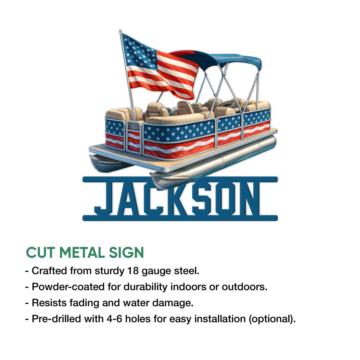 Pontoon metal sign product infographic showing the American flag boat artwork and cut metal sign features