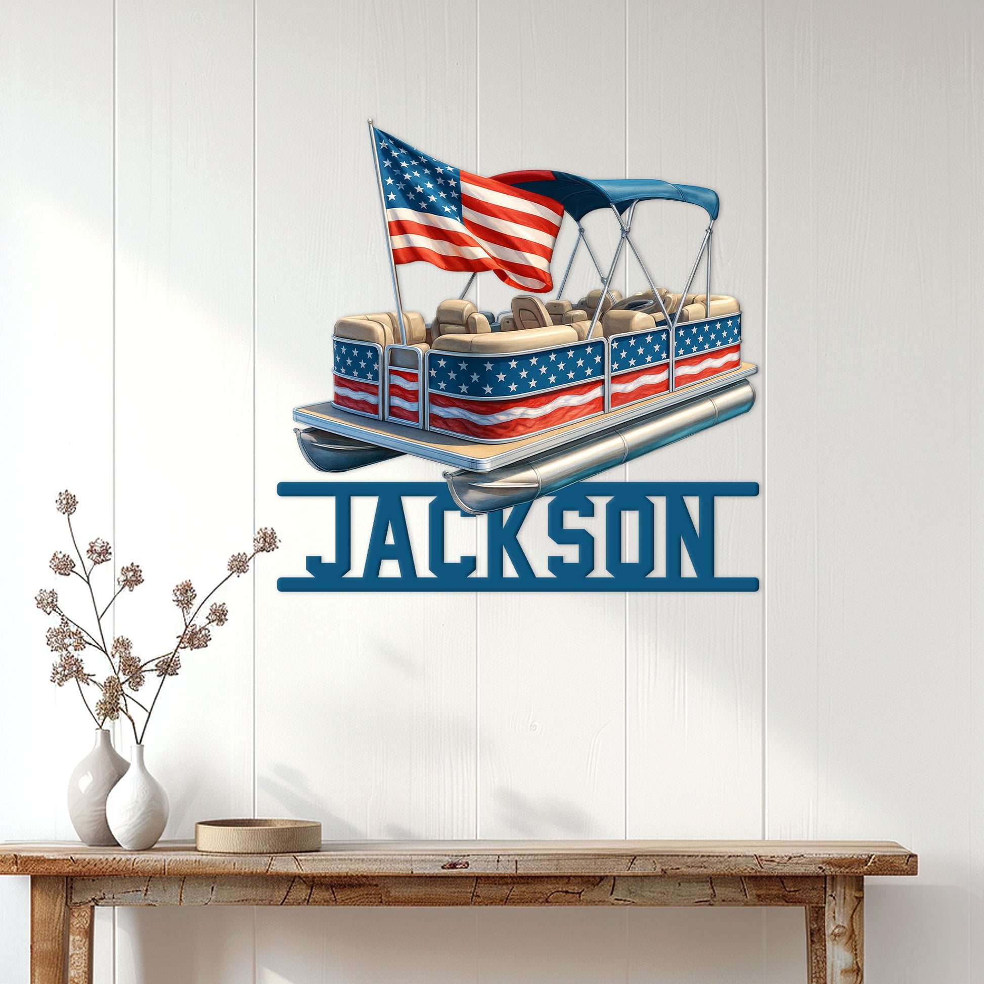 Patriotic pontoon boat metal sign displayed as wall decor in a bright home interior