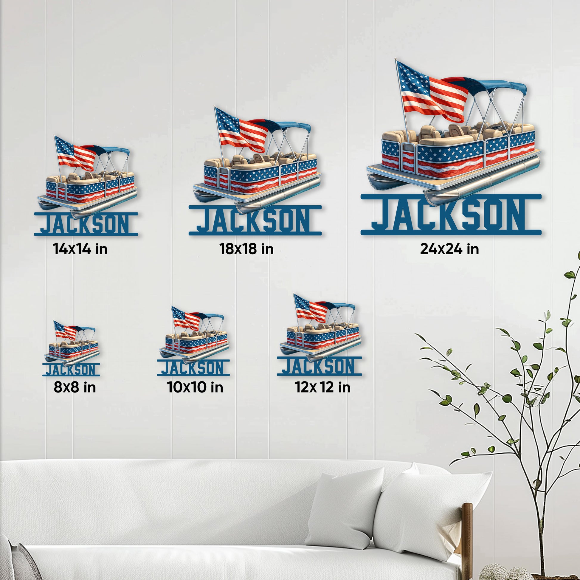 Pontoon boat metal sign size guide showing available square sizes from 8 by 8 to 24 by 24 inches