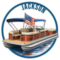 Custom pontoon boat metal sign featuring an American flag and circular lake-themed artwork