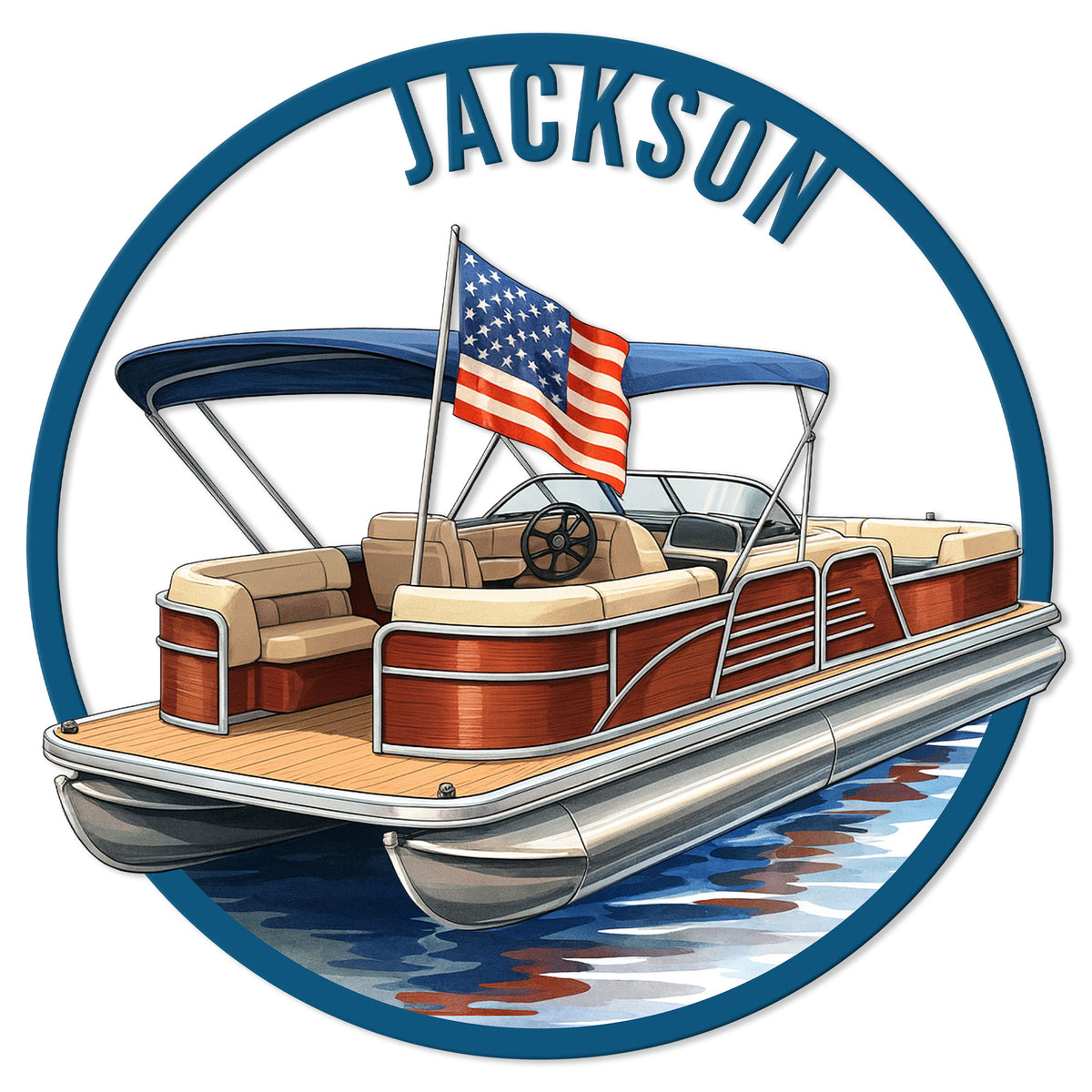 Custom pontoon boat metal sign featuring an American flag and circular lake-themed artwork
