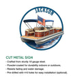 Pontoon boat cut metal sign shown with its patriotic artwork and product feature details