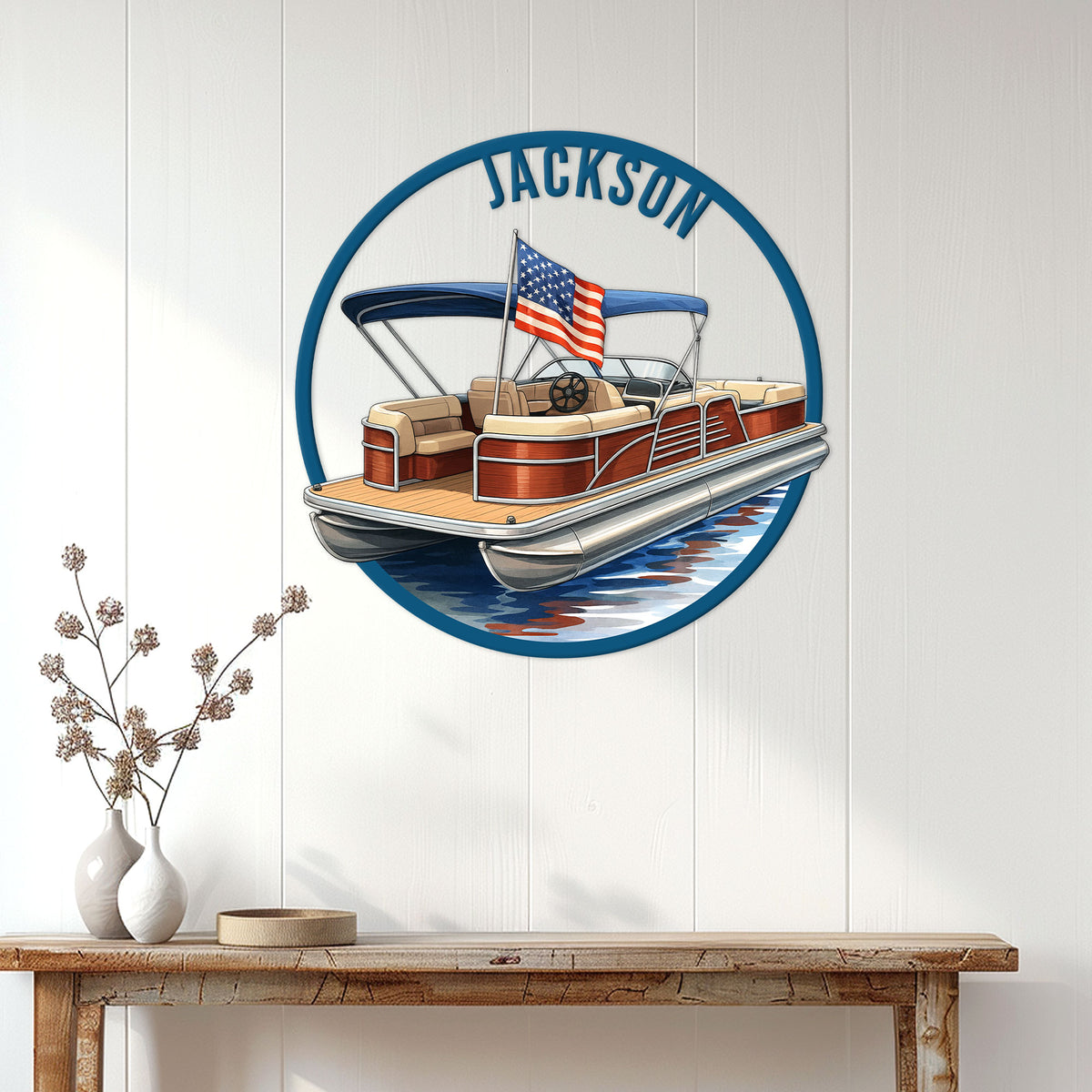 Pontoon boat wall decor displayed on a light wood-paneled wall above a console table