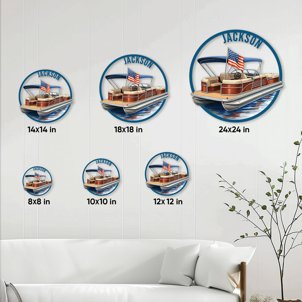 Pontoon boat metal sign size guide showing 8, 10, 12, 14, 18, and 24 inch options