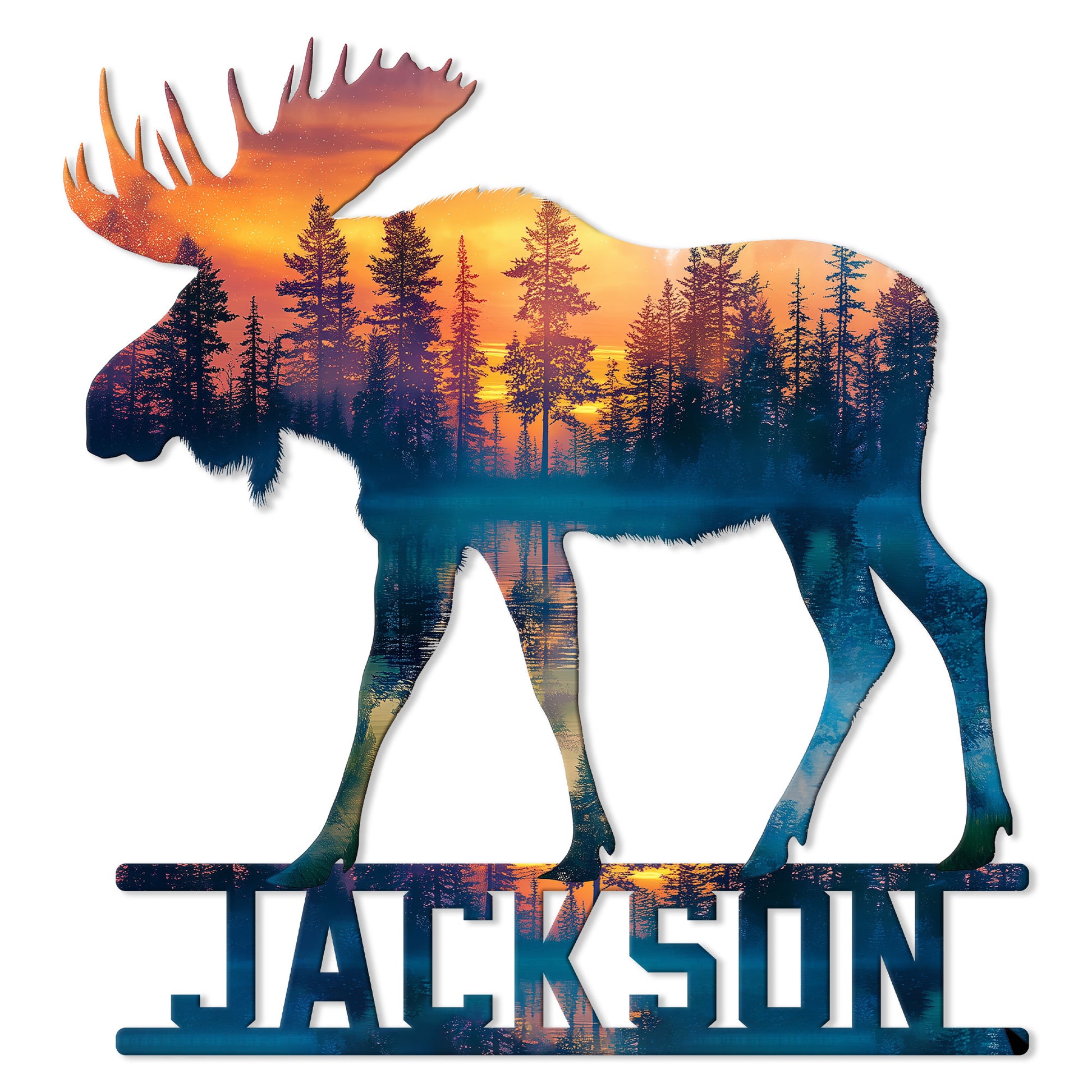 Moose-shaped metal sign featuring a forest lake sunset scene in vibrant orange, purple, and blue tones