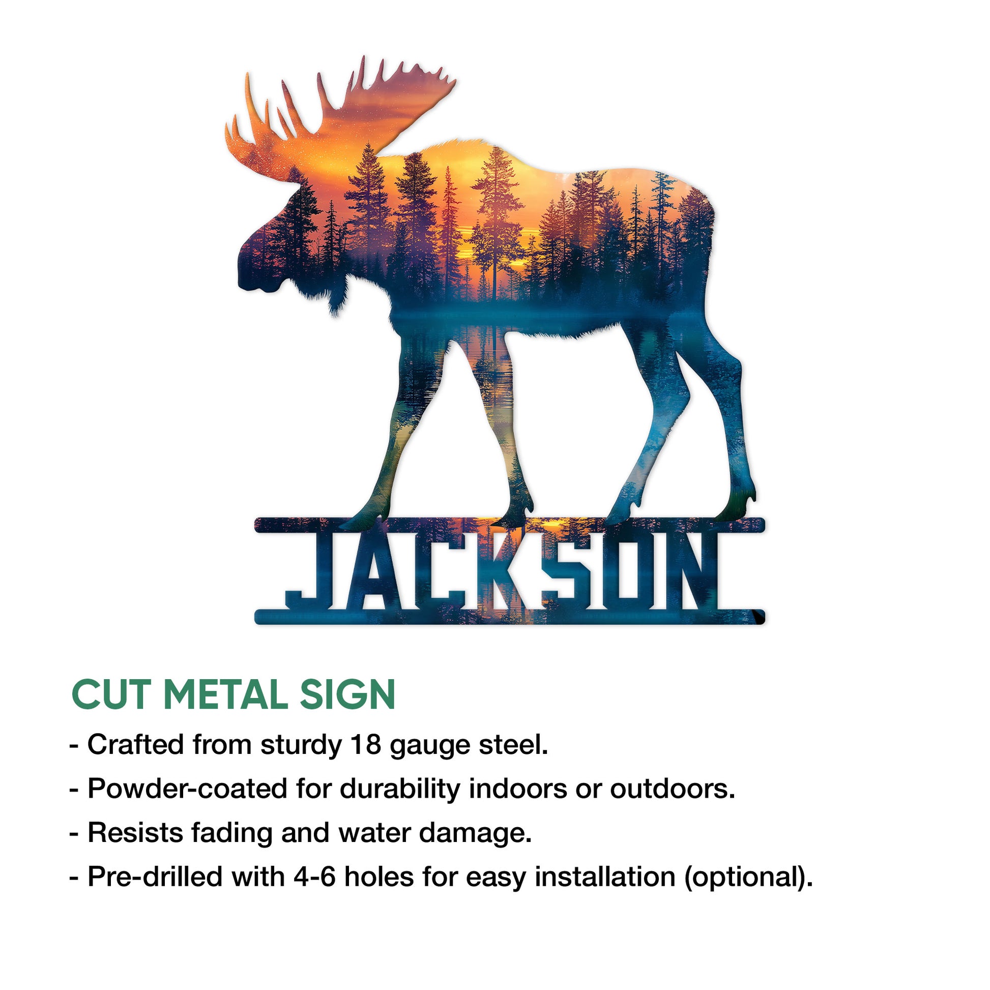 Moose metal sign with a colorful evergreen forest and sunset design shown in a cut metal sign feature graphic