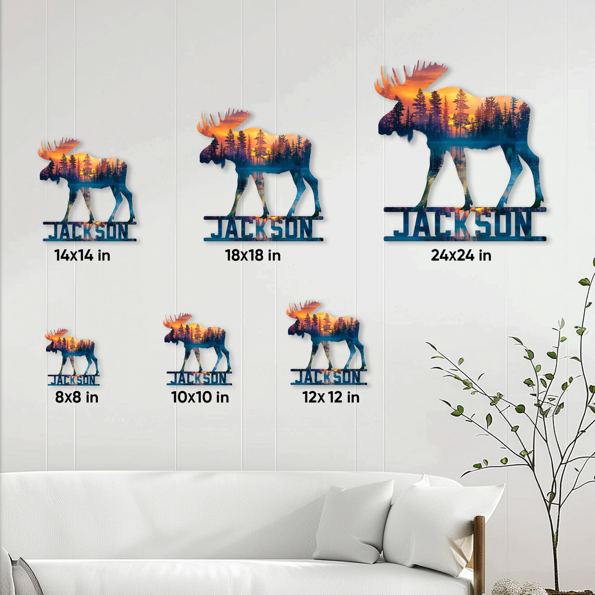 Moose metal sign size guide showing available square sizes from 8 by 8 to 24 by 24 inches