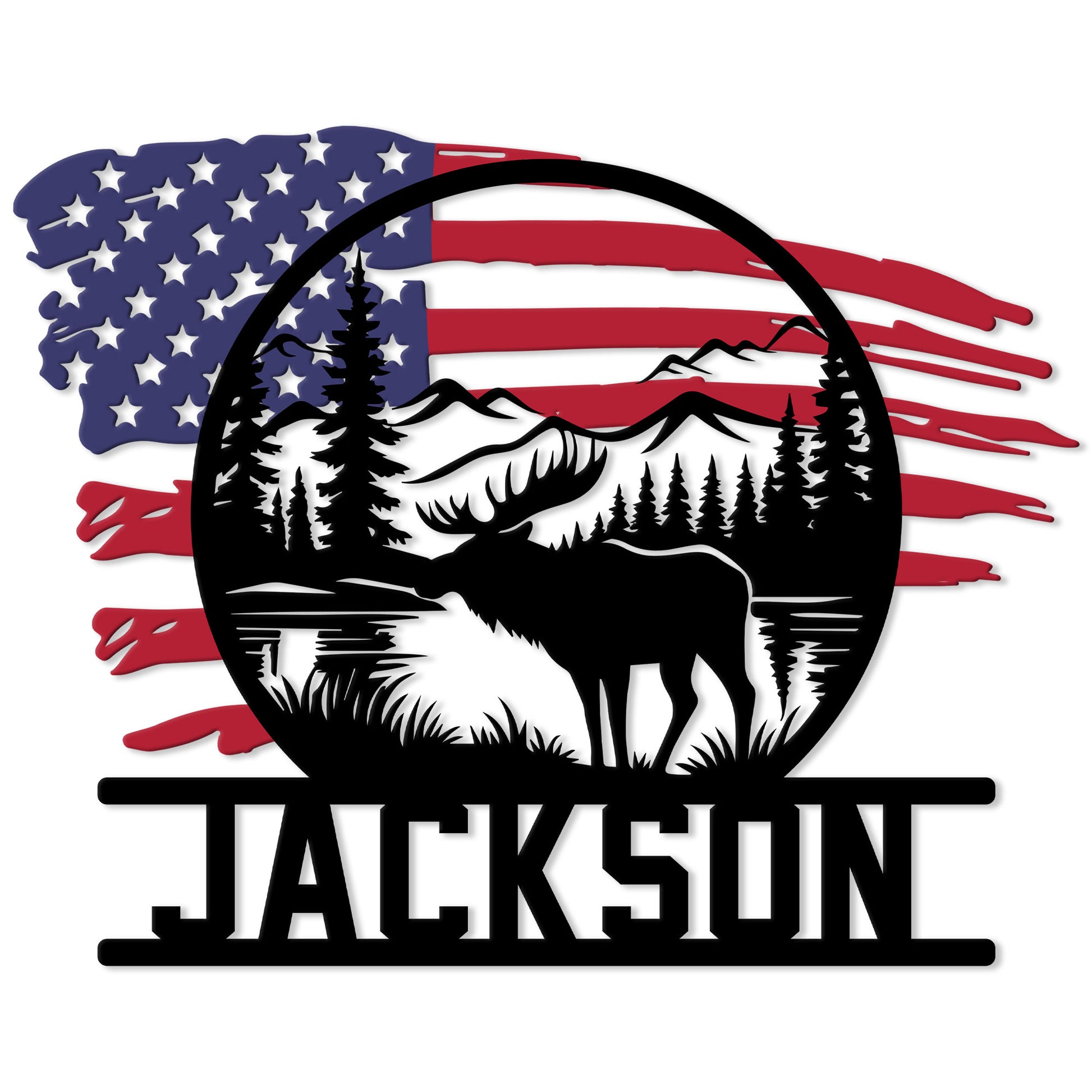 Patriotic moose metal sign featuring a moose silhouette, mountain lake scene, pine trees, and American flag