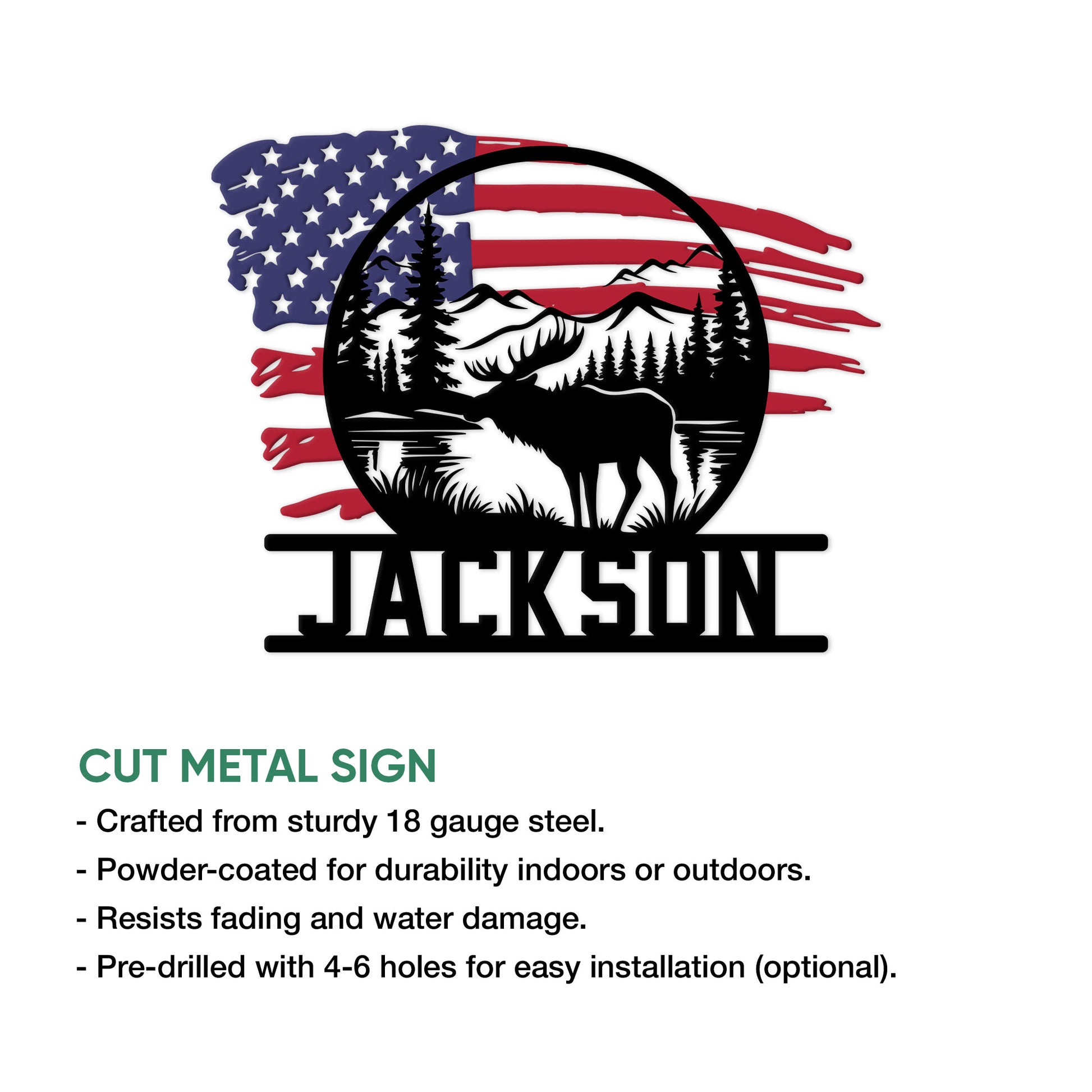 Moose metal sign artwork shown with cut metal sign details and a patriotic wildlife design