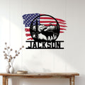 Patriotic moose wall sign displayed on a white paneled wall above a rustic console table