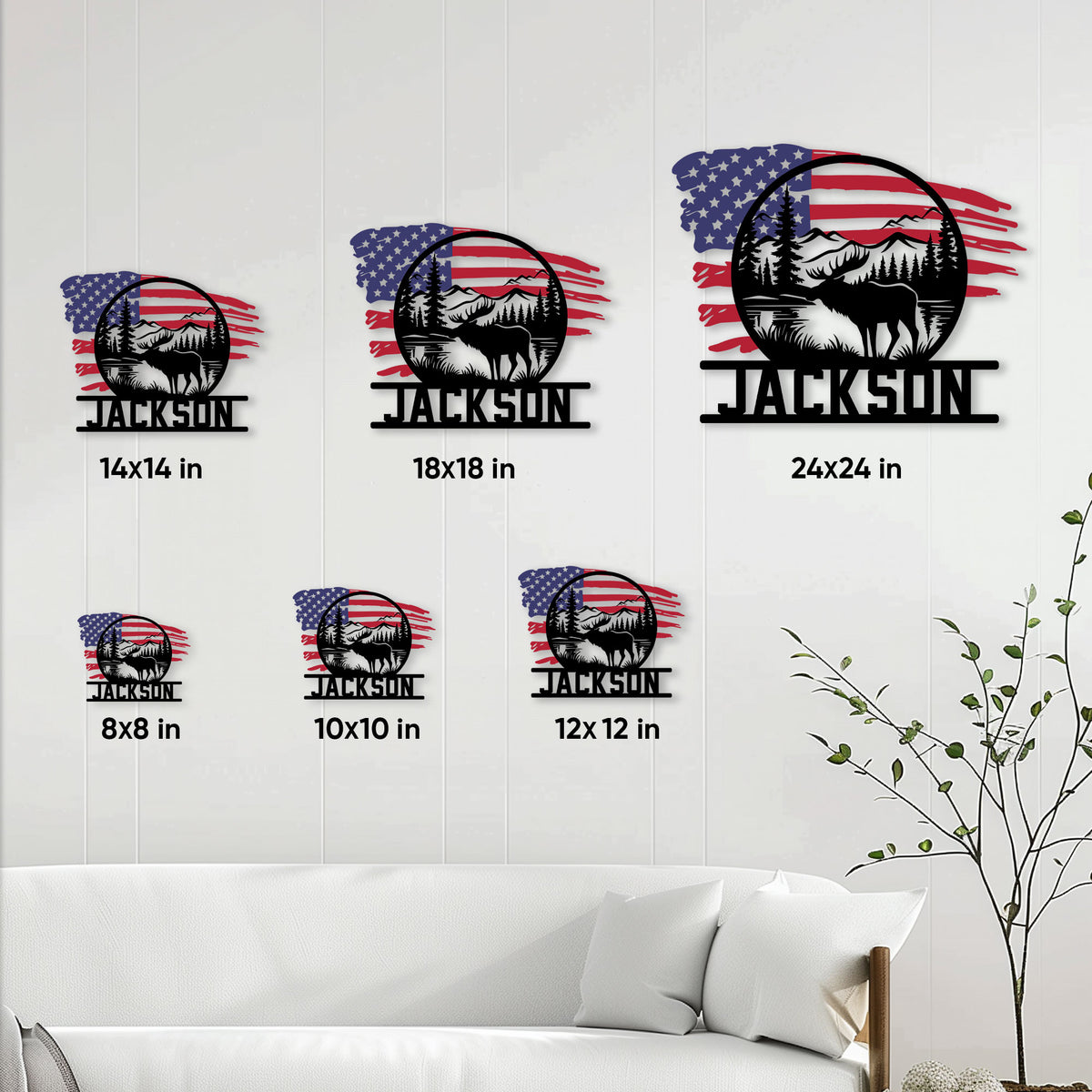 Moose metal sign size guide showing six square size options from 8 by 8 to 24 by 24 inches