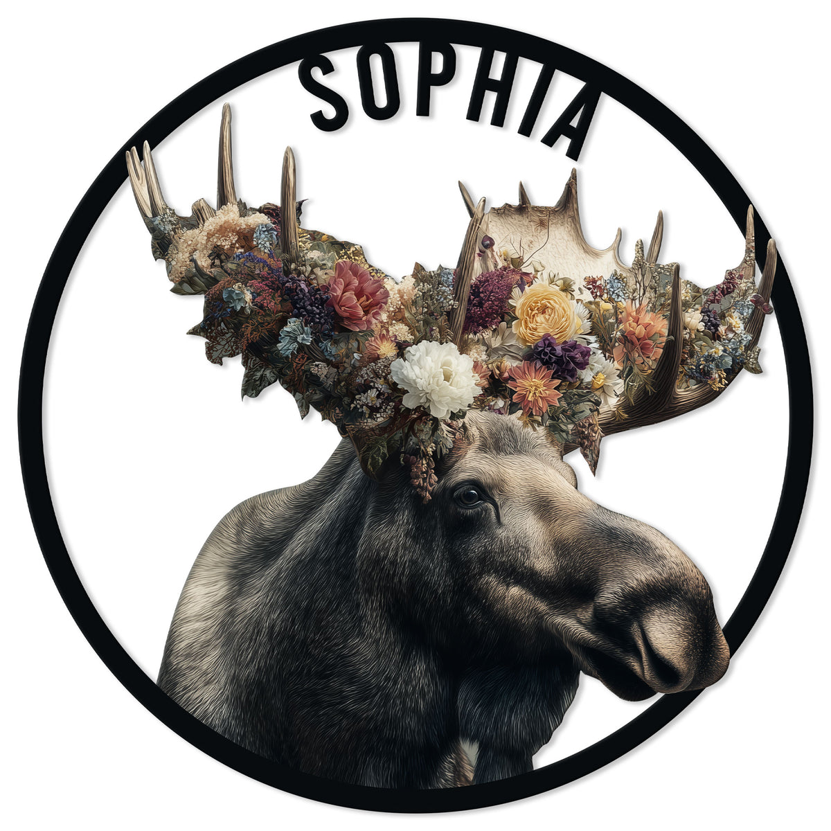 Floral moose metal sign featuring a detailed wildlife portrait with flower-filled antlers in a round frame