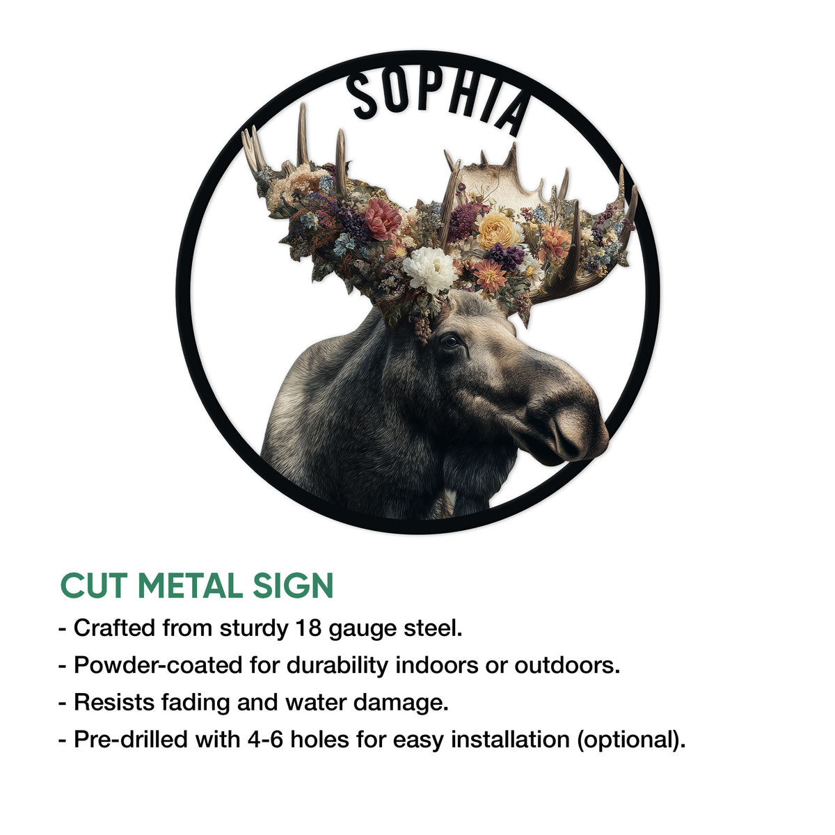 Moose cut metal sign featuring a floral antler design, shown with product features and display details