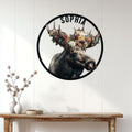 Floral moose wall sign displayed above a rustic console table in a bright home entryway