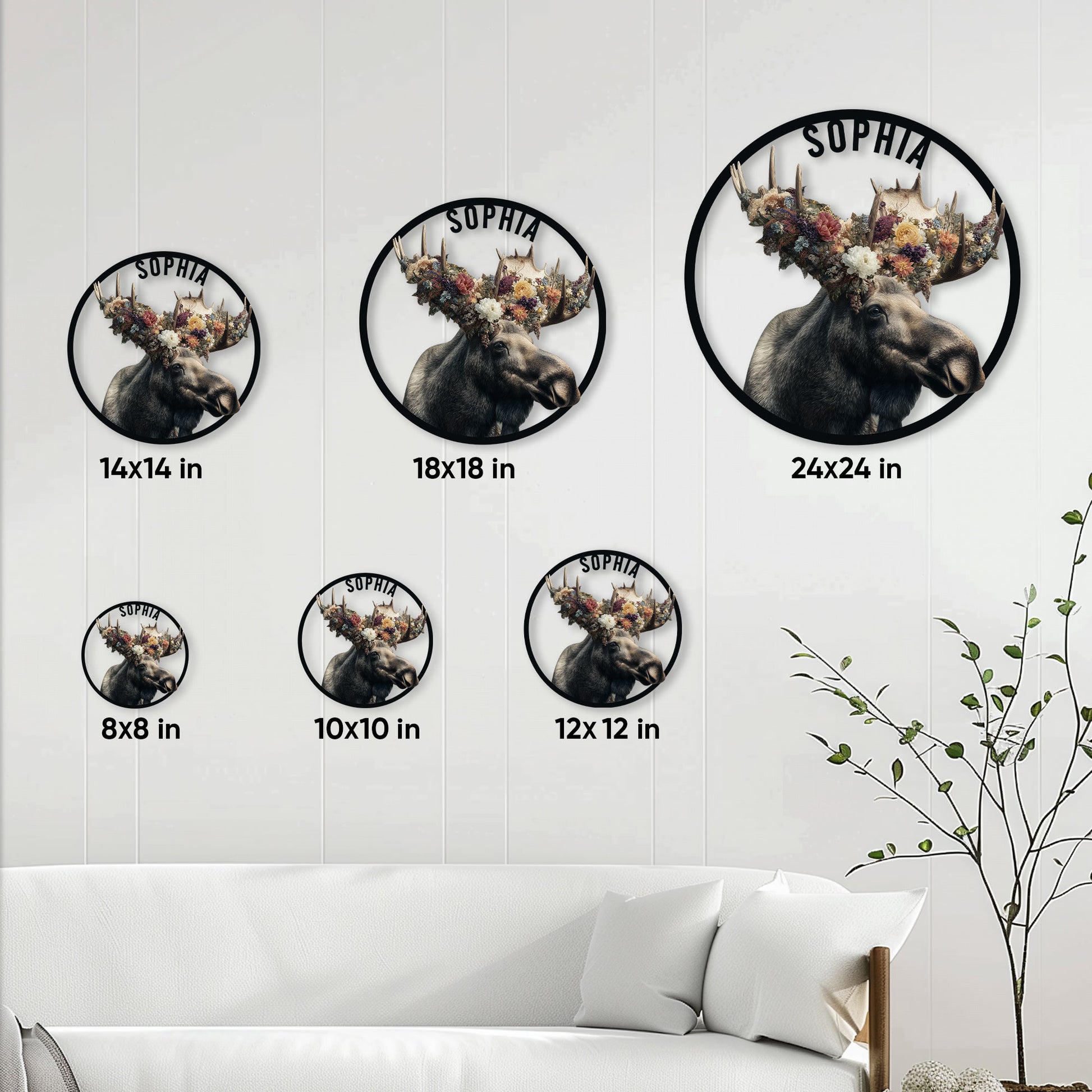 Moose metal wall sign size guide showing multiple circular size options from 8 to 24 inches