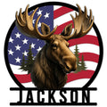 Custom moose metal sign featuring a realistic bull moose, evergreen trees, and a patriotic American flag background