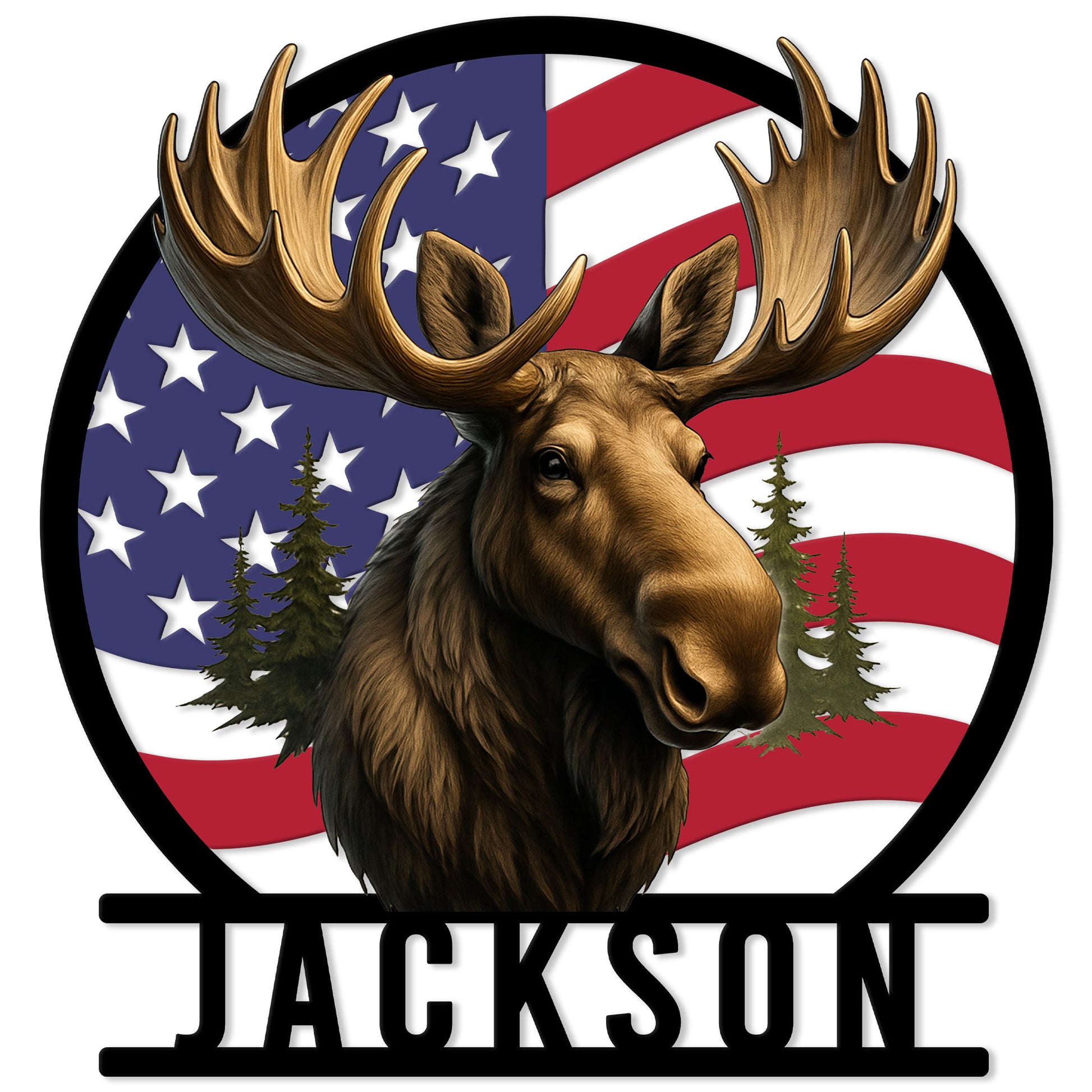 Custom moose metal sign featuring a realistic bull moose, evergreen trees, and a patriotic American flag background