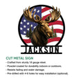 Moose metal sign feature graphic showing the patriotic wildlife design and cut metal sign details