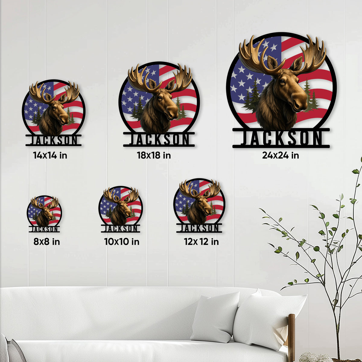 Moose metal sign size guide showing six available square dimensions from 8 by 8 to 24 by 24 inches