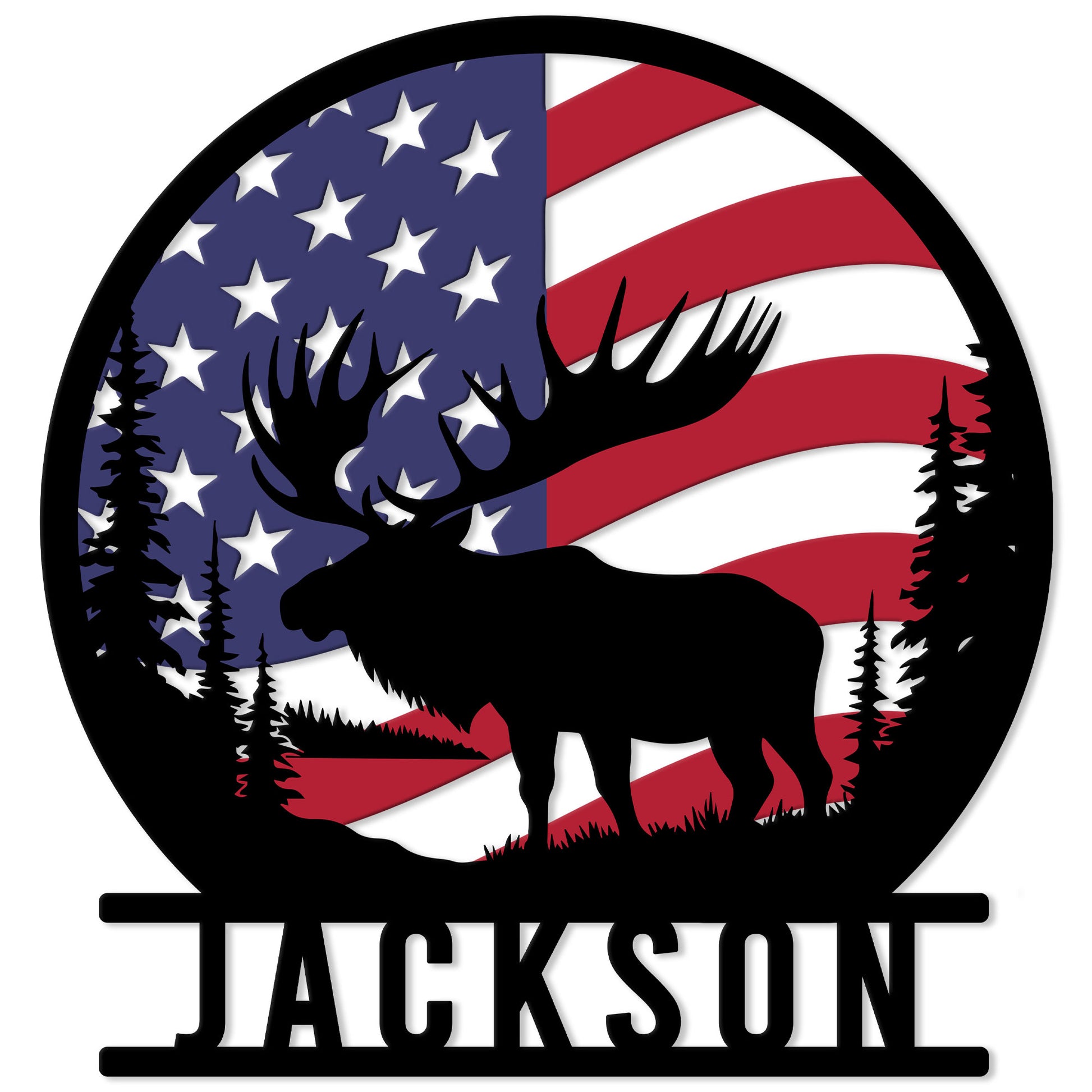 Custom moose metal sign featuring a bold moose silhouette, pine trees, and an American flag backdrop