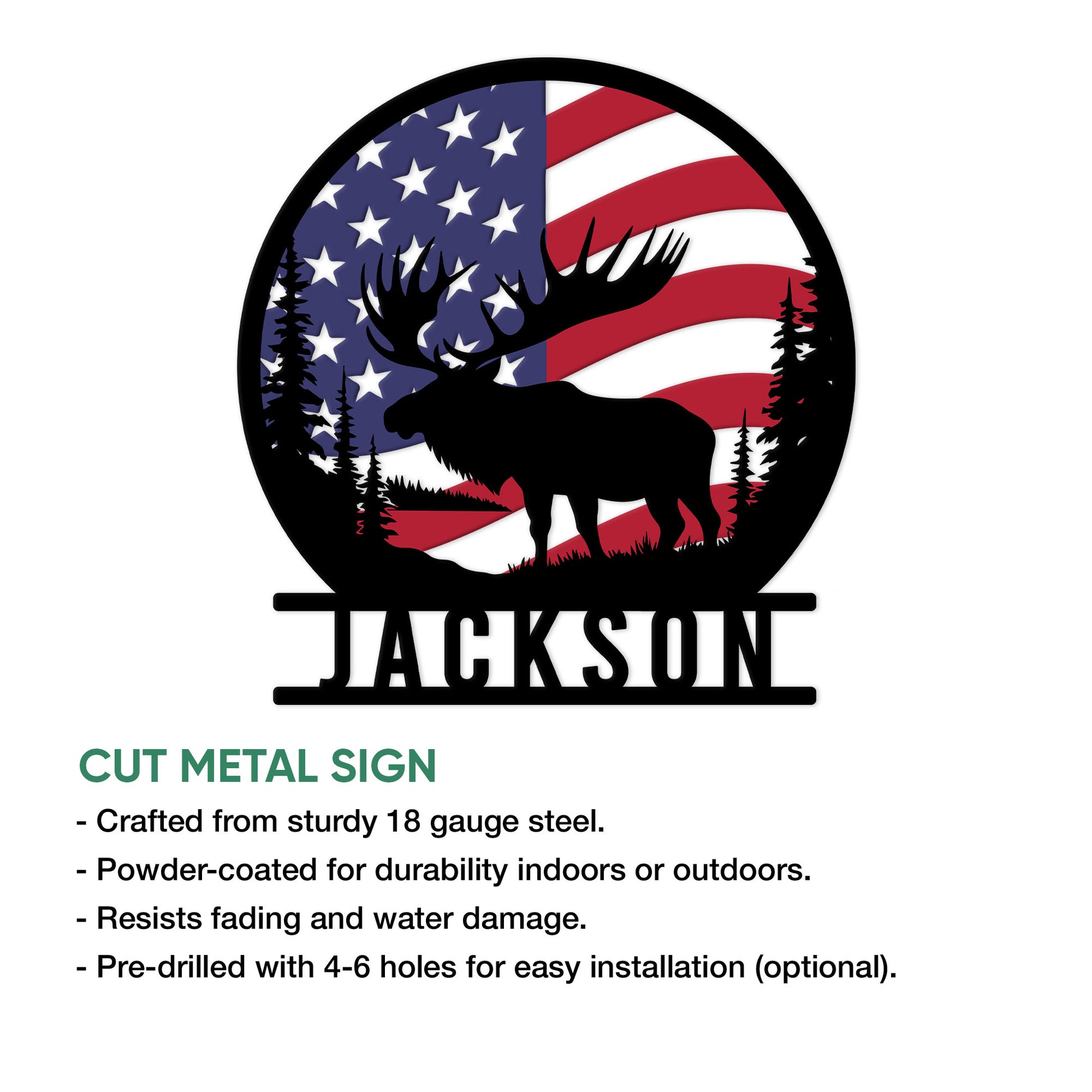 Moose metal sign feature graphic showing the cutout wildlife design and product details
