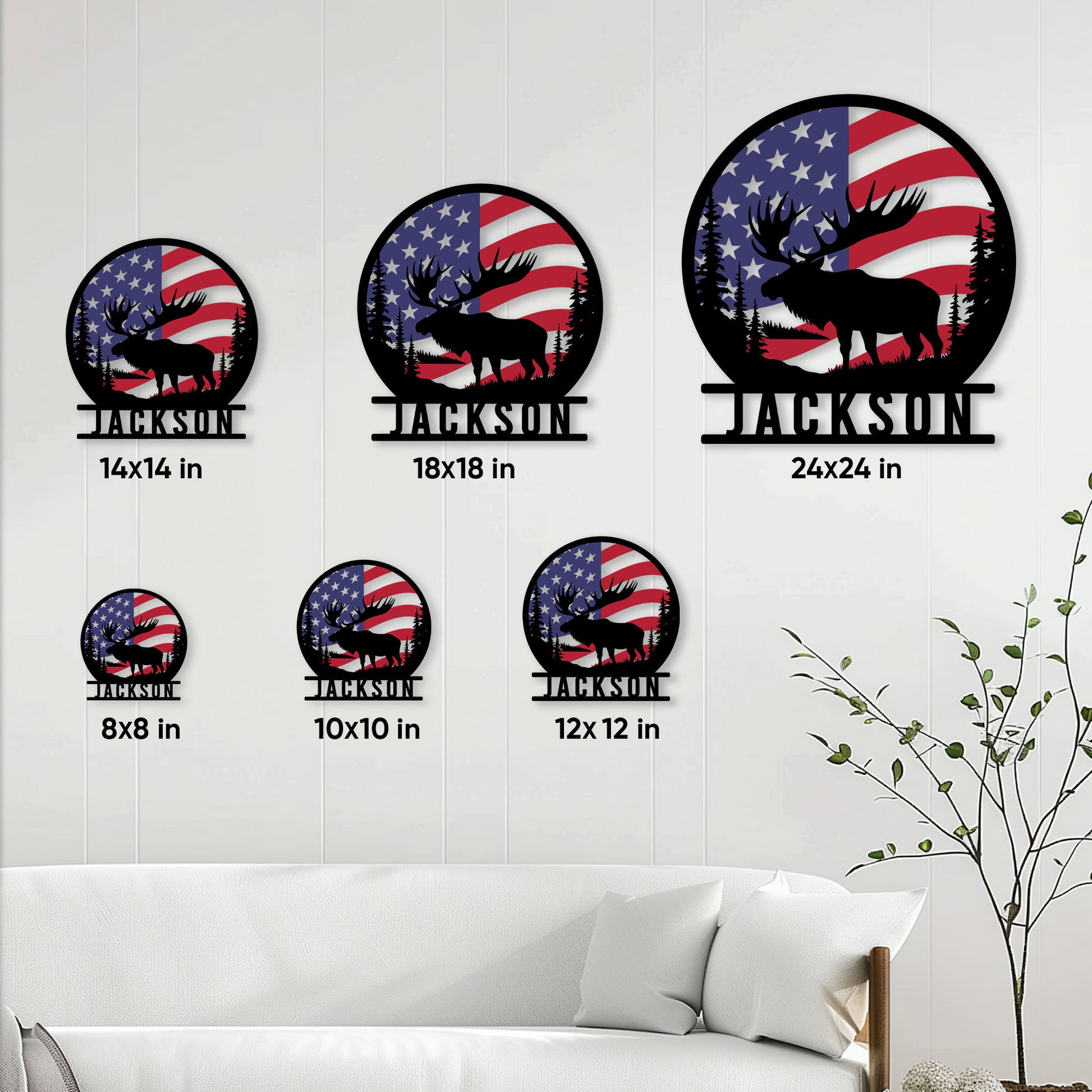 Moose metal sign size guide displaying six available sizes from 8 by 8 to 24 by 24 inches