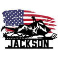 Custom snowmobile metal sign featuring a rider, mountain silhouette, and distressed American flag design