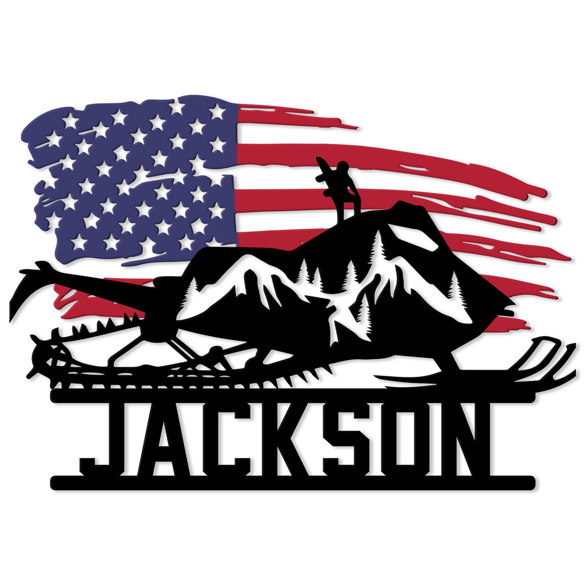 Custom snowmobile metal sign featuring a rider, mountain silhouette, and distressed American flag design