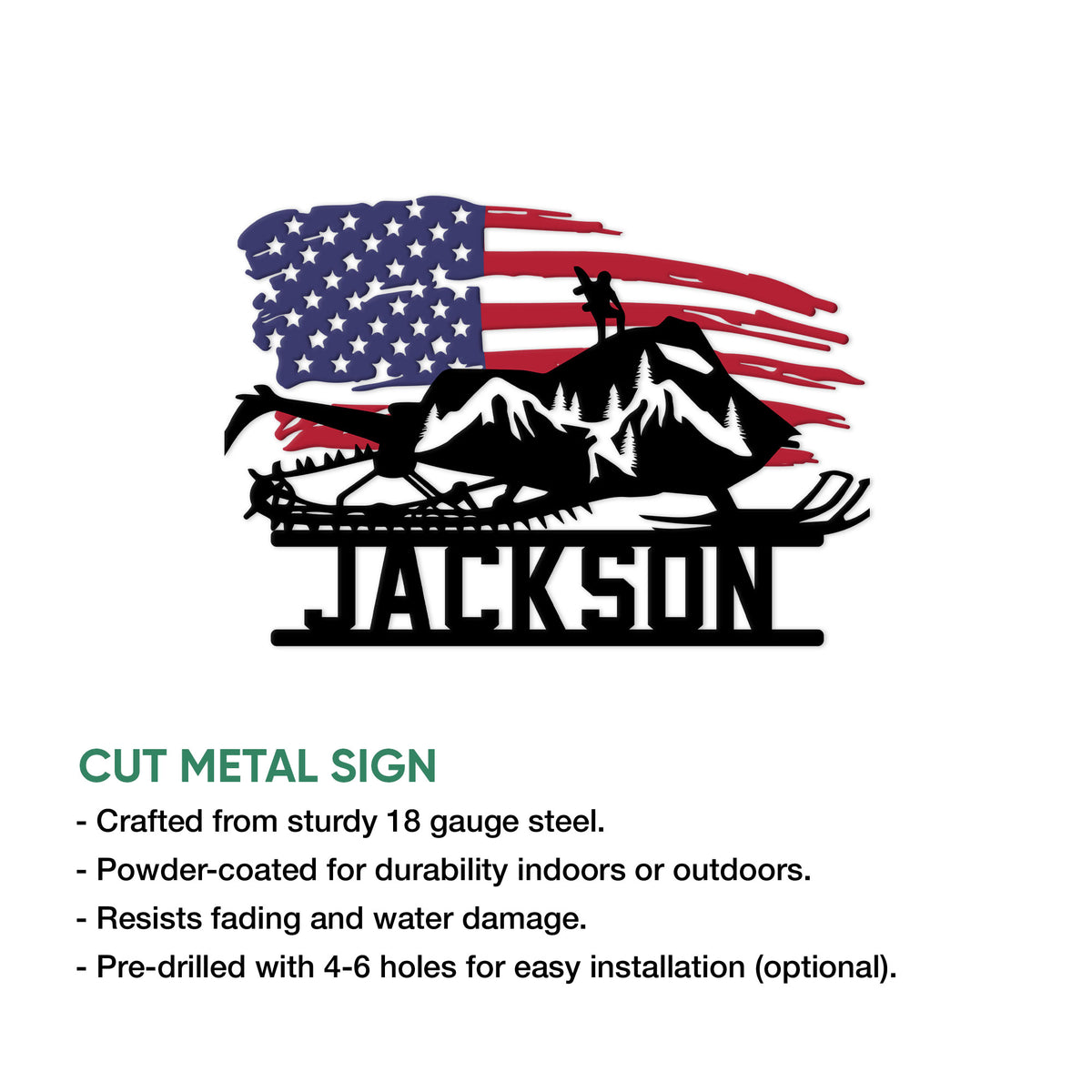 Snowmobile metal sign shown with a mountain and American flag design in a cut metal sign feature graphic