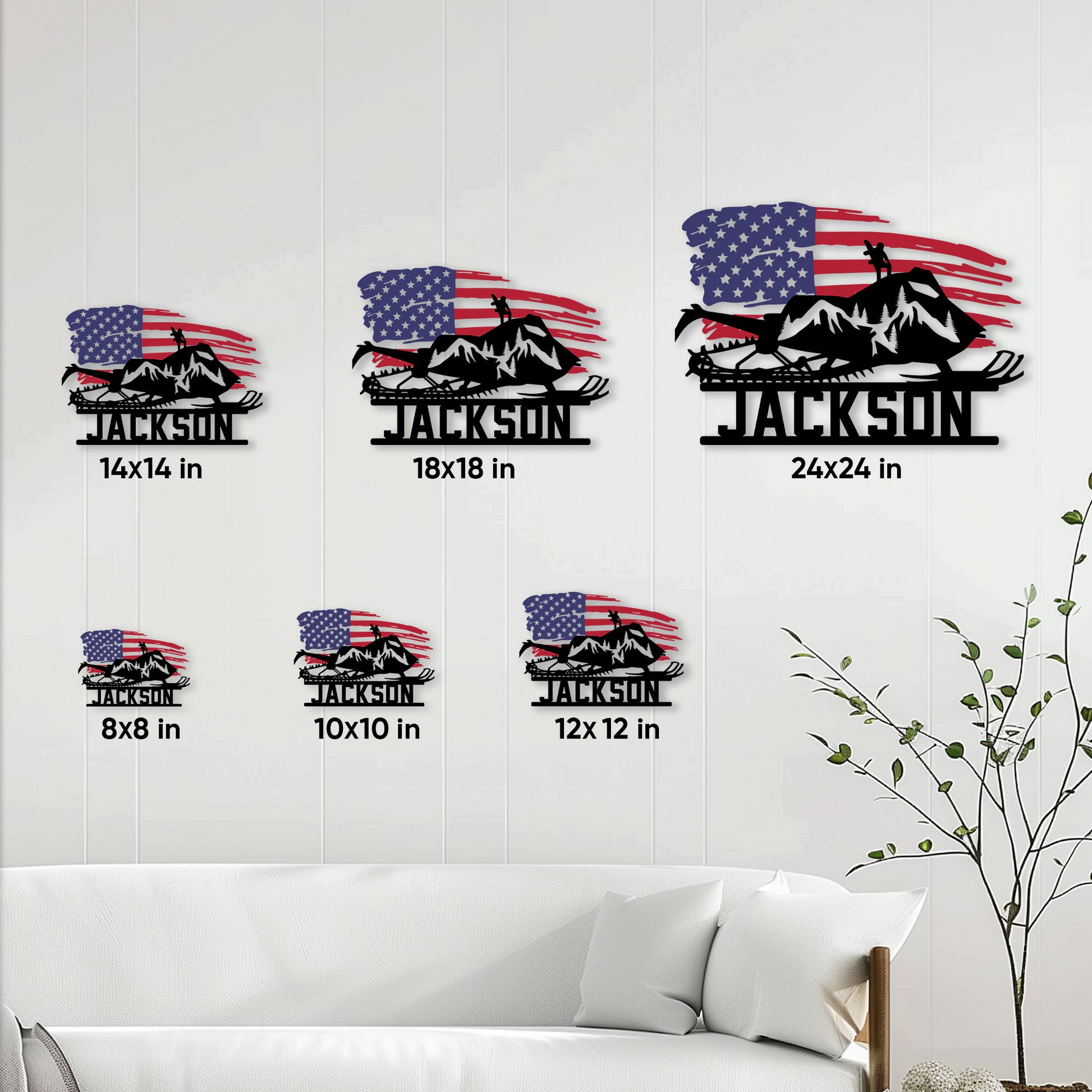 Snowmobile metal sign size guide showing 8x8, 10x10, 12x12, 14x14, 18x18, and 24x24 inch options