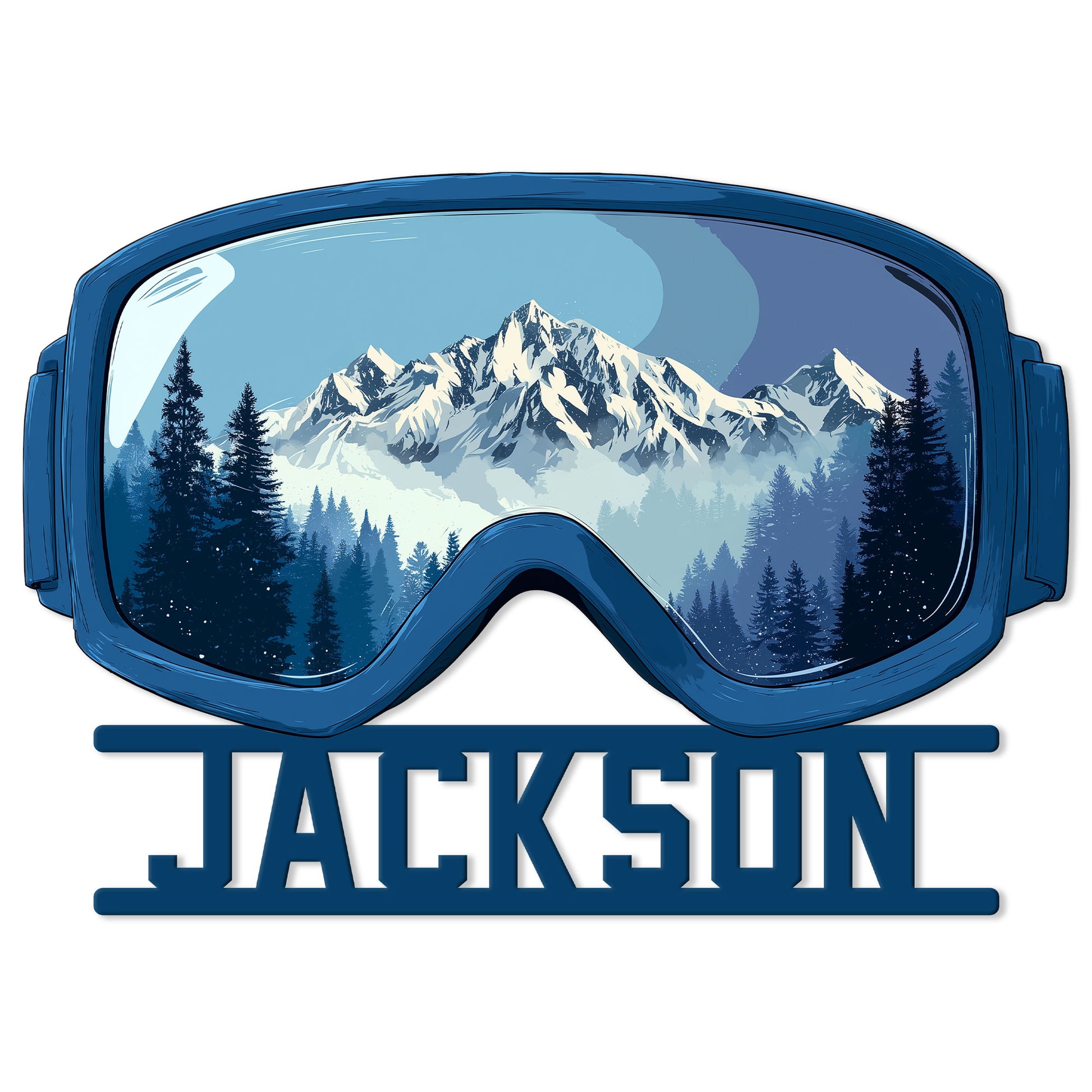 Blue snowmobile goggles metal sign featuring a snowy mountain range and evergreen forest scene